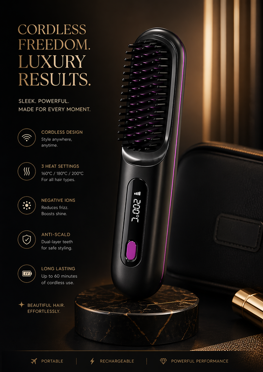 Cordless Hair Straightener Brush – Portable Anti-Scald Styling Tool with 3 Heat Settings