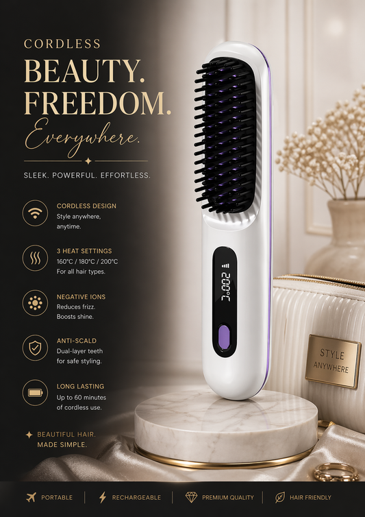 Cordless Hair Straightener Brush – Portable Anti-Scald Styling Tool with 3 Heat Settings